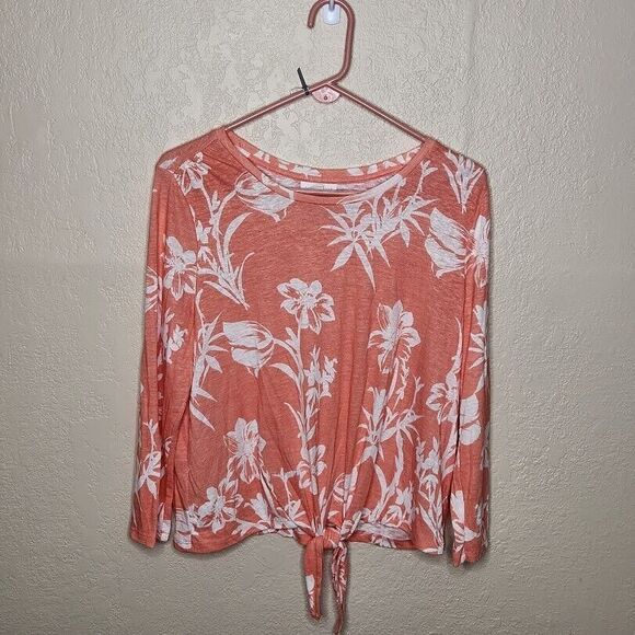 Charter Club Blouse Top Women's Large Peach Floral Linen Tie Front Round Neck - Picture 1 of 6
